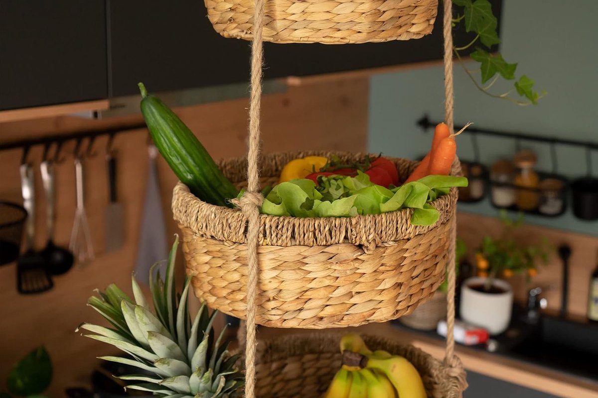 Fruit hangmand - XXL etagère met 3 manden van waterhyacint