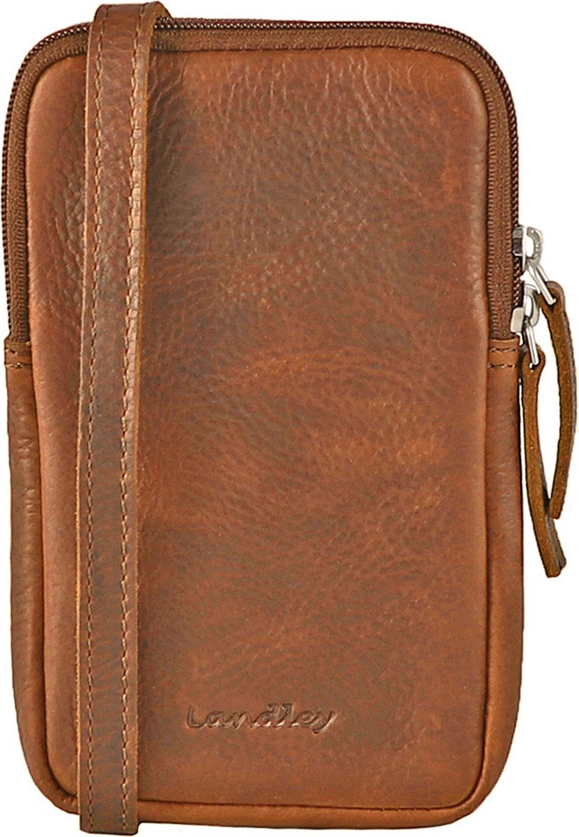 Landley Compact Leren Dames Telefoontasje - Antique Vintage Pull-up Leer - Cognac