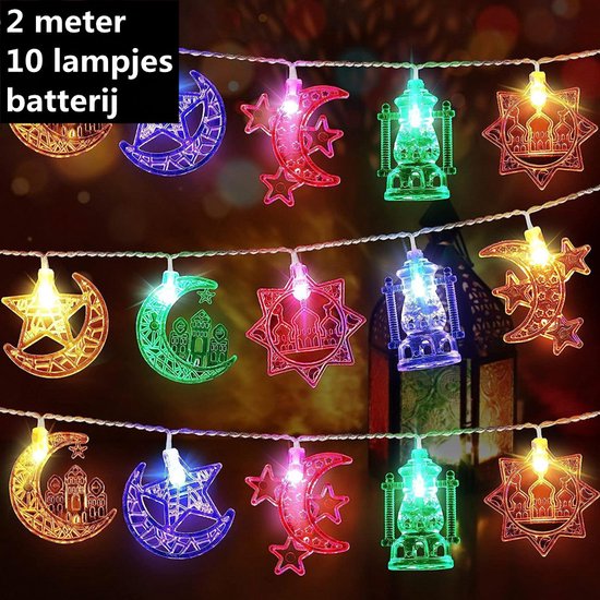 Magische LED-Lichtslinger | Feestelijk & Sfeervol | Perfect voor Ramadan & Eid | 2m, 10 LED's met Sterren, Manen & Kastelen-Multicolour
