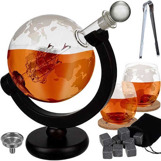 Whisiskey Whiskey Karaf - Wereldbol - Luxe Whisky Karaf Set - 0,9 L