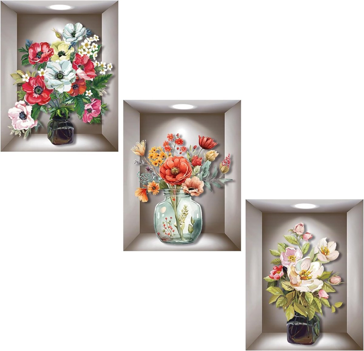 Muursticker, 3 stuks 3D vaas, muurstickers, vazen, muursticker voor woonkamer, muursticker, vaas, muursticker, vaas, muursticker, plant voor woonkamer, slaapkamer, badkamer, keuken en andere gebieden