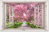 Tuinposter doorkijk sakura - Wit raam - Tuindecoratie roze bloemen - 180x120 cm - Tuinschilderij voor buiten - Tuindoek bloesemboom - Wanddecoratie tuin - Schuttingdoek - Balkon decoratie - Tuinversiering buitenposter - Muurdecoratie