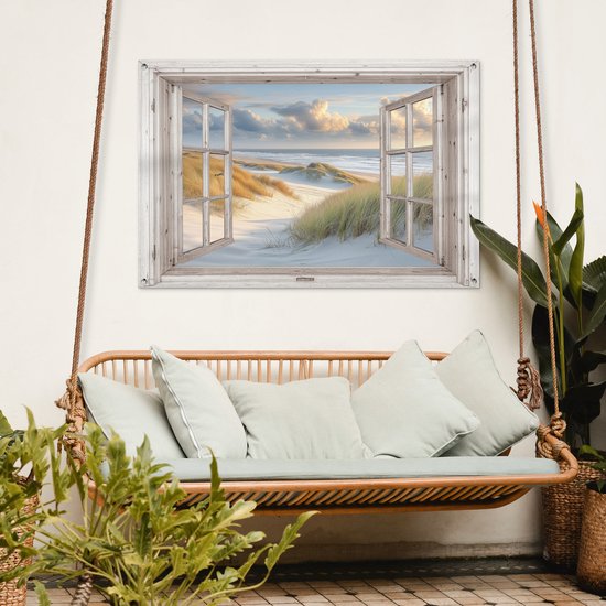 Tuinposter doorkijk strand - Tuindecoratie duinen - 120x80 cm - Natuur poster voor in de tuin - Buiten decoratie - Schutting raam tuinschilderij - Tuindoek muurdecoratie - Wanddecoratie balkondoek