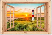 Poster de jardin Phare - Vue - Nature - Soleil - Paysage - Plage - Mer - Fenêtre marron clair - 180x120 cm - Toile de jardin - Poster extérieur