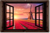 Tuinposter doorkijk bloemen - Donkerbruin raam - Tuindecoratie tulpen - 180x120 cm - Poster voor in de tuin - Buiten decoratie Holland - Schutting tuinschilderij roze - Tuindoek muurdecoratie windmolen - Wanddecoratie balkondoek