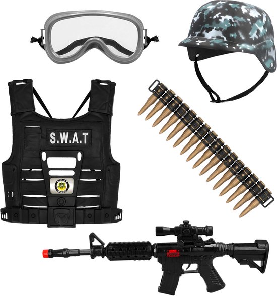 Camouflagehelm, tactische bril, zwart SWAT-vest, kogelriem en speelgoedgeweer.