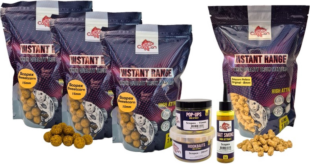 High Attract Voerpakket 'Scopex Sweetcorn' Groot - 15mm - Met 3kg Boilies, Babycorn Pellets, Bait Smoke, Pop-Ups & Hookbaits - Karper Vissen - Karper Aas/Lokvoer - Aaspakket