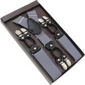 Luxe chique bretels - jeans look - denim blauw effen dessin - zwart leer - 6 stevige clips - bretels heren - unisex