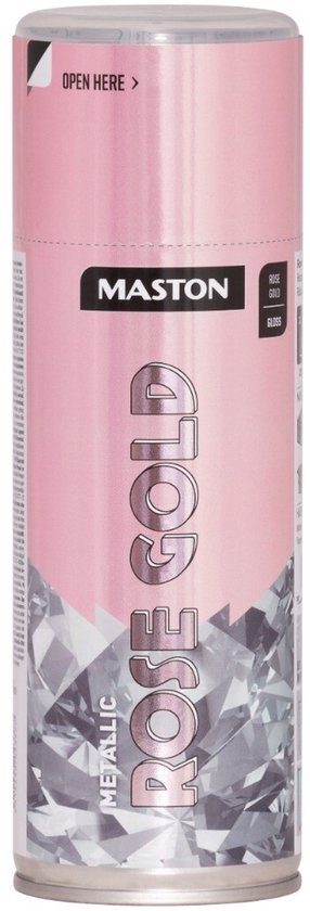 Aérosol Maston 'Rose Gold Metallic' avec un fond rose brillant et des motifs ressemblant à des diamants. Texte : 'Maston', 'Rose Gold', 'Metallic'.