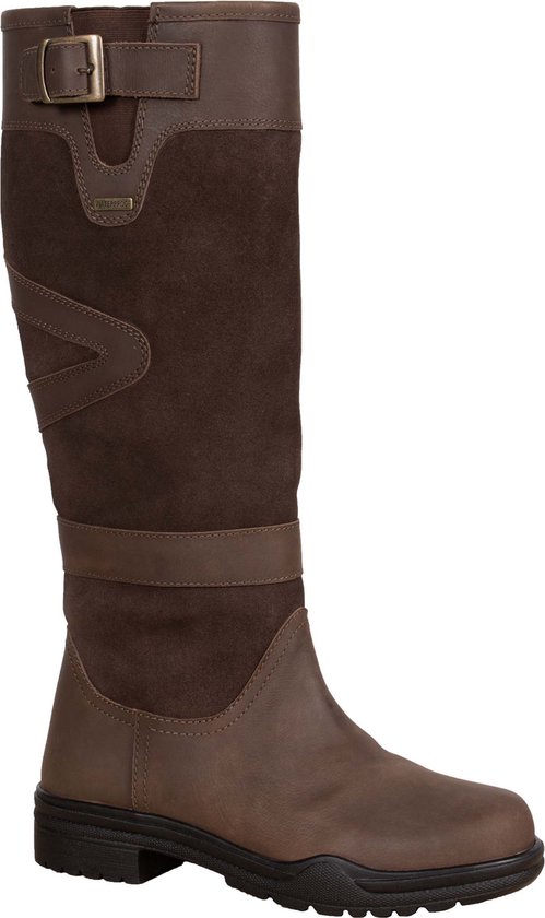Botte lifestyle en cuir et daim marron avec boucle, logo imperméable et surpiqûres décoratives.