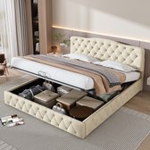 Sweiko Gestoffeerd bed 180*200 met lattenbod en hoofdeinde, jeugdbed, gestoffeerd bed met in hoogte verstelbare hoofdeinde, opslagbed, Houten lattensteun, Gemakkelijke montage, Fluweel, Beige