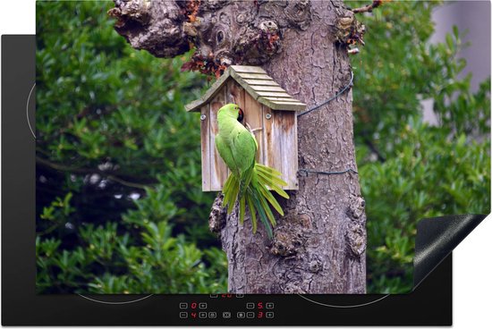 Foto: Kitchenyeah inductie beschermer 81 2x52 cm een halsbandparkiet bij een vogelhuisje kookplaataccessoires afdekplaat voor kookplaat inductiebeschermer inductiemat inductieplaat mat