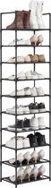 DiverseGoods Schoenenrek, 10 niveaus, schoenenrek, schoenenopberger, smal, 28 x 45 x 173 cm, metalen frame, planken van vliesstof, voor hal, slaapkamer, zwart