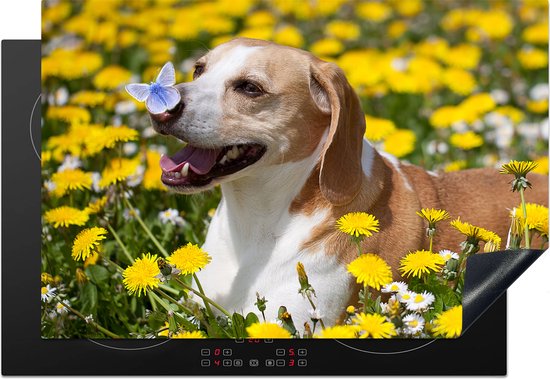 KitchenYeah® Inductie beschermer 76x51.5 cm - Vlinder op de neus van een Beagle - Kookplaataccessoires - Afdekplaat voor kookplaat - Inductiebeschermer - Inductiemat - Inductieplaat mat