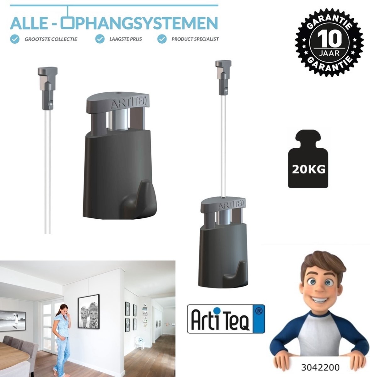 3042200 2 x Artiteq-micro ophang haak met perlon Twister draad-150cm voor ophangrail