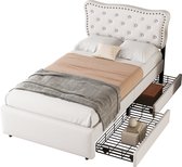 Merax Gestoffeerde Eenpersoonsbed 90x200 - Bed met 2 Schuiflades en Decoratie - Lichtbeige