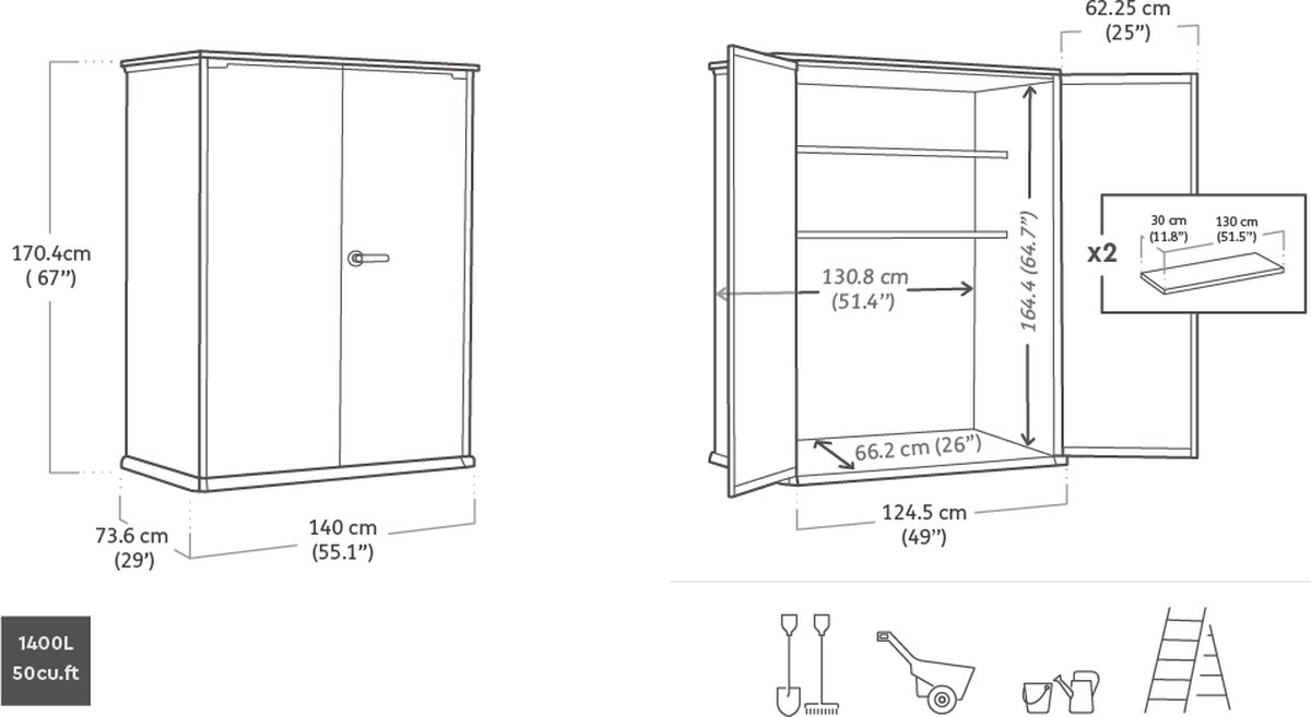 Keter Venetian Armoire de jardin - 1400L - 140x73.6x170.4cm - Brun
