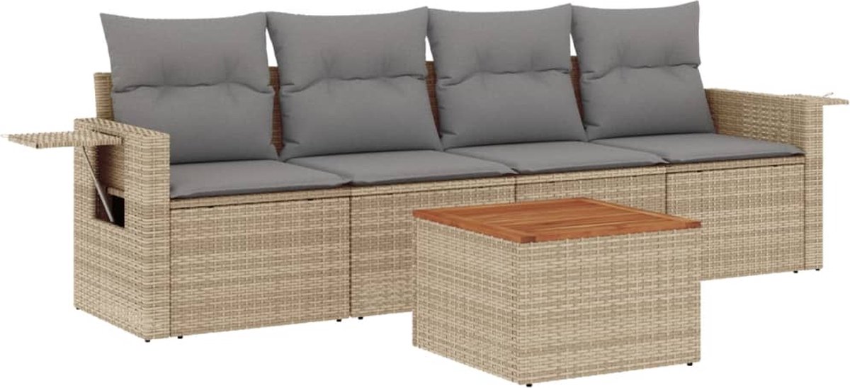 vidaXL 5-delige - Loungeset - met - kussens - poly - rattan - beige