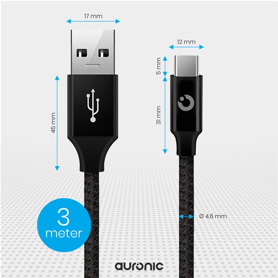 Auronic USB-C kabel - 3M - 2.4A - USB C naar USB-A - Gevlochten Nylon - Zwart - Auronic