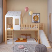 Bol.com Sweiko Stapelbed met rechthoekige ladder en glijbaan huisbed met dak en raam kinderbedje met valbeveiliging en rooster f... aanbieding