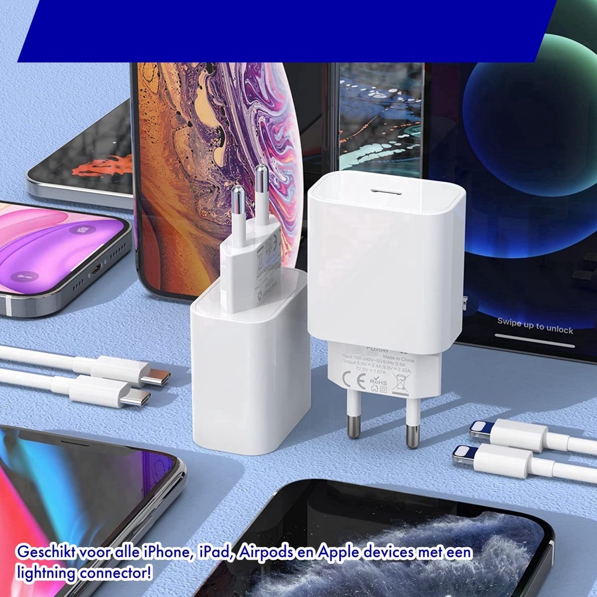 Power Delivery USB-C Oplader 20W USB-C naar Lightning Kabel - 2 Meter - Geschikt voor iPhone / Oplader iPhone / iPhone Oplader - MFi gecertificeerd - Wit