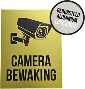 Pictogram/ bord geborsteld aluminium | "Camerabewaking" | 19 x 25 cm | Luxe uitvoering | CCTV | Beveiliging | Camera bewaking | Videobewaking | Diefstal verhinderen | Preventie | Opvallend | Geel | Dikte: 3 mm | 1 stuk