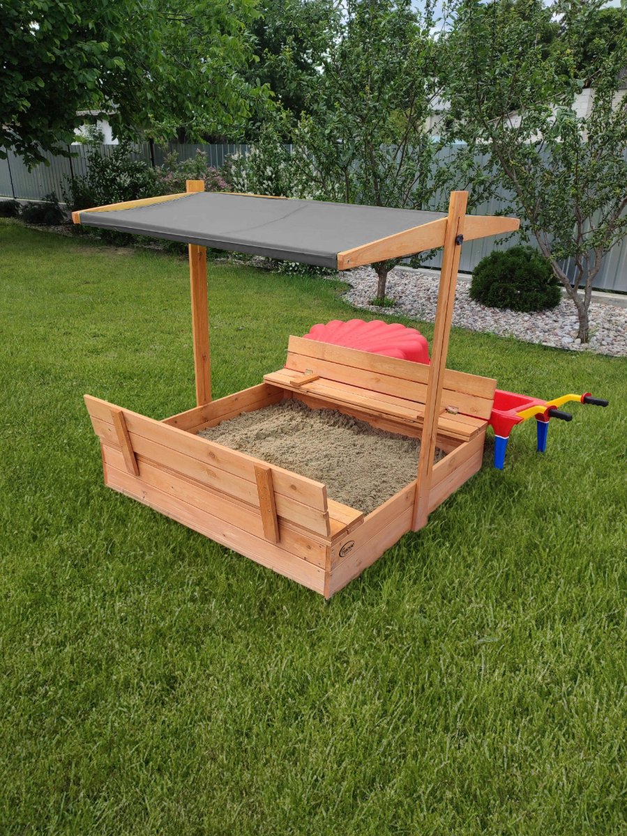 Afsluitbare XL Zandbak met Dak 140x140 cm – Gecertificeerd & Geïmpregneerd Hout | Incl. AFDEKZEIL, GRONDDOEK & Montagevideo | Voor 2-3 Kinderen | Grijs — afbeelding 11