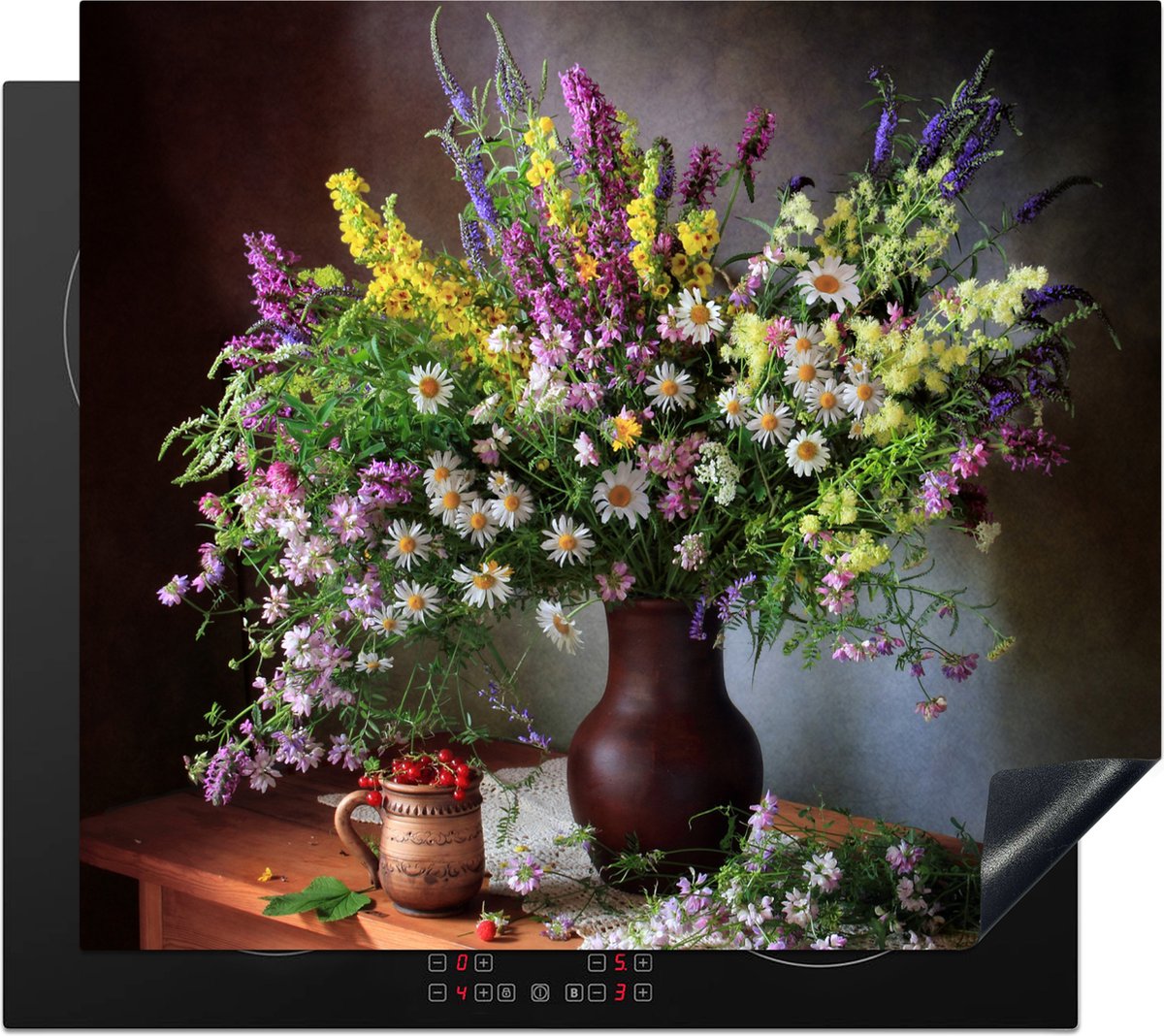 KitchenYeah® Inductie beschermer 59x52 cm - Bloemen - Tafel - Stilleven - Boeket - Vaas - Kookplaataccessoires - Afdekplaat voor kookplaat - Inductiebeschermer - Inductiemat - Inductieplaat mat