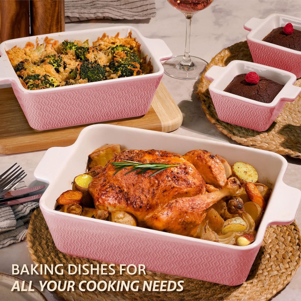 Mini keramische ovenschaal set van 4 - Stapelbaar - Kras- en snijbestendig - Geschikt voor oven & airfryer - Vaatwasmachinebestendig - Roze — cadeau in Kookcadeaus - foto 3