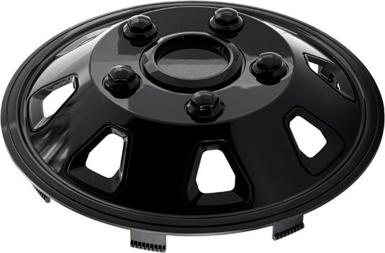 Een enkele glanzend zwarte 15-inch wieldop met een gebogen design en vijf wielbout covers.