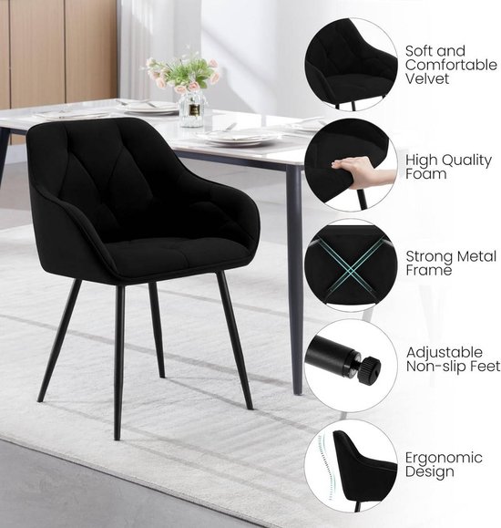 BukkitBow - Set de 2 Chaises de salle à manger - Velours et métal - Design ergonomique - Capacité de charge 120 kg - Zwart
