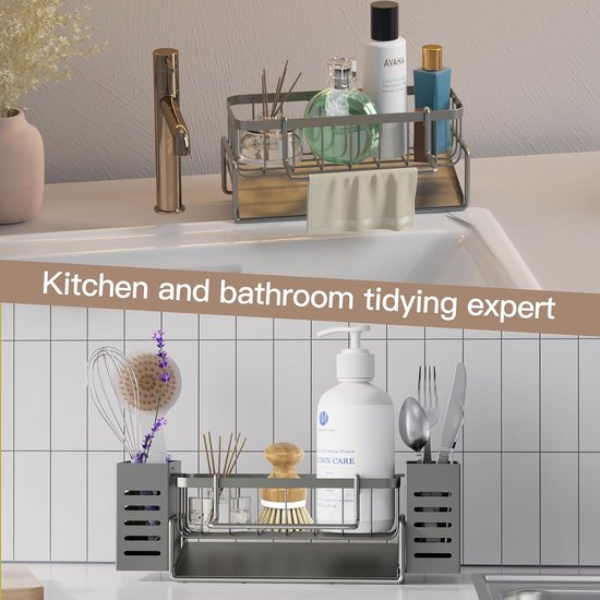 Wotendy Porte Eponge Evier Cuisine, Organiseur D'évier De Cuisine En Acier Inoxydable Avec Bac De Vidange Amovible Et Porte-Serviettes - Noir