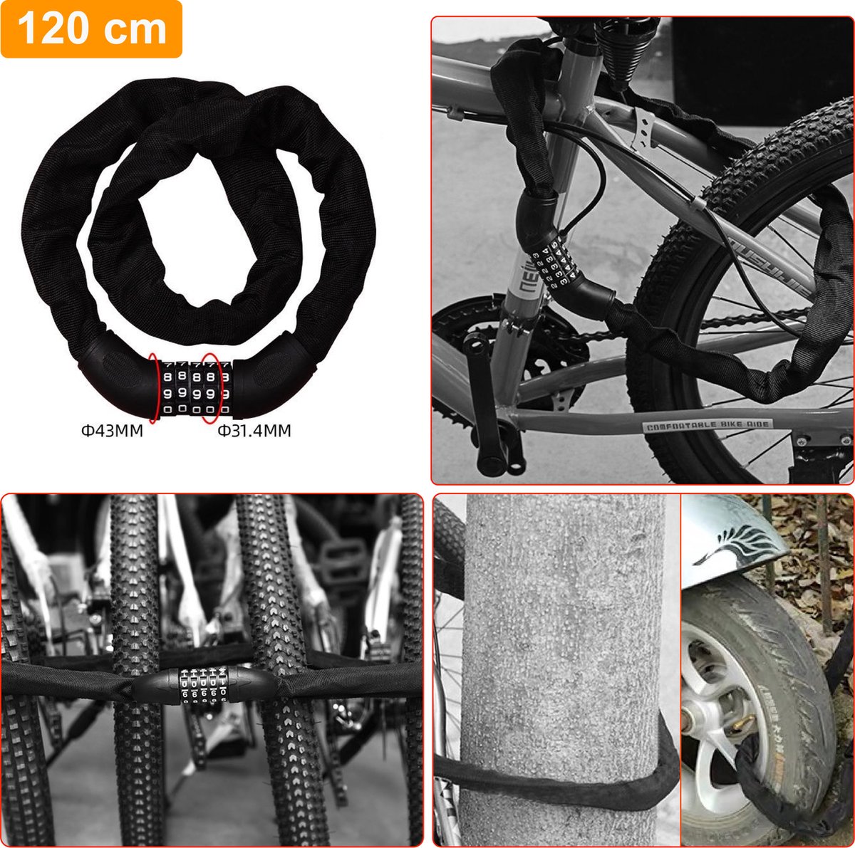 Colorful Sun® Fietsslot met cijferslot - 120 cm - 1 stuk - Kettingslot fiets - Motorslot - Fietssloten electrische fietsen - Fietsslot ketting - Cijfercombinatieslot - Slot met Code - Zwart – foto 2