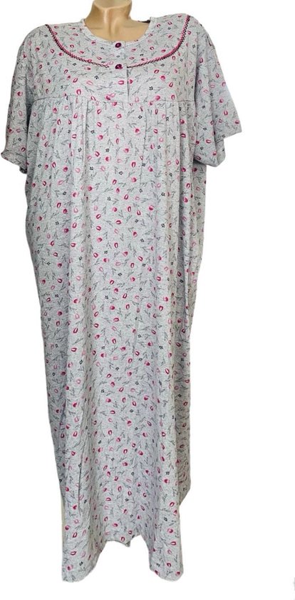 Dames Katoenen Nachthemd 120CM Grote Maten 2604 Bloemenprint 5XL (50-52) grijs/roze