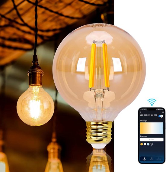 Aigostar 10YIA - Source de Lumière à Filament Wifi E27 - G95 - Ampoule Smart - Source de Lumière LED Intelligente - Dimmable - Lumière Wit Chaude - 6W