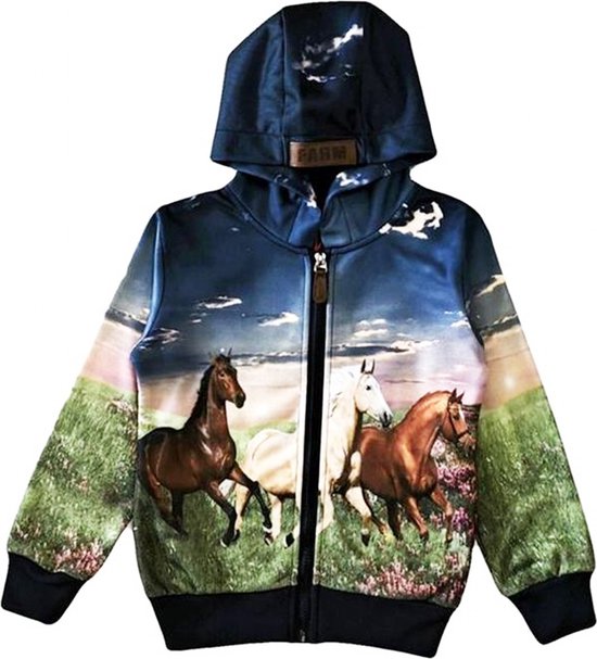 Kinder vest, hoodie, met paarden print, blauw, maat 134/140, horses, kind, ZEER MOOI!