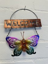 Metalen decoratie tuin hanger "welcome + deco stenen" vlinder - meerkleurig - hoogte 30 x 20 x 1 cm - Woonaccessoires - Decoratieve hangers - Tuinaccessoires