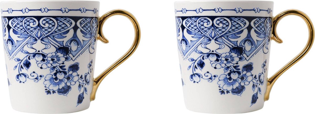 Heinen Delftsblauw set van 2 bekers Bloemen 300 ml Delfts blauw met gouden oor