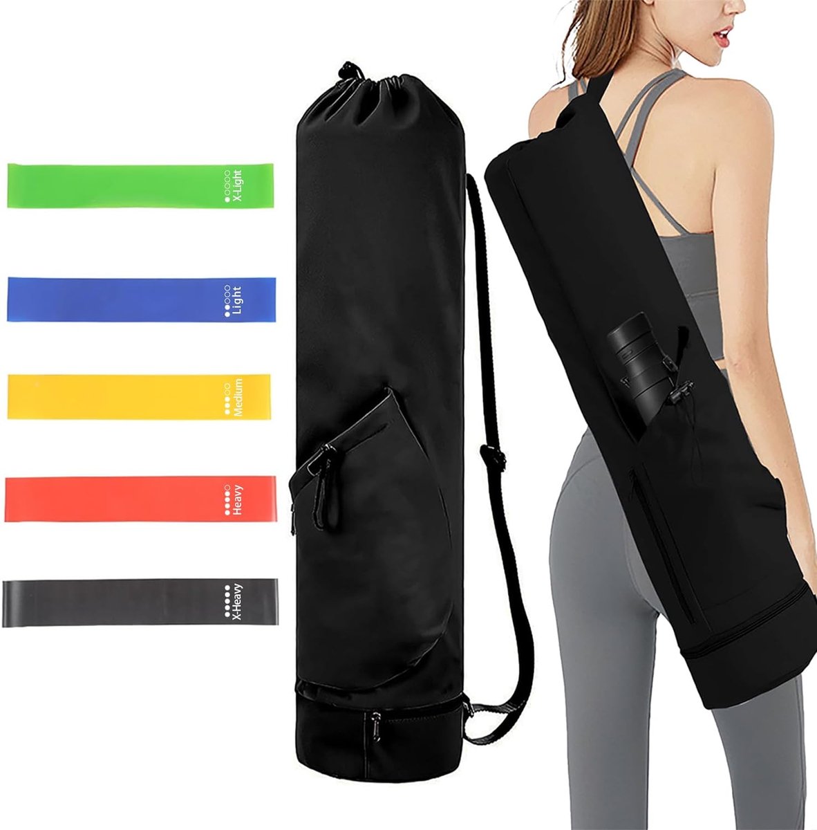 Yogatas met vak voor nat en flessenvak, verstelbare schouderriem, yogamattas + 5 rubberen sportbanden, voor pilates, yogamatten en yoga-accessoires