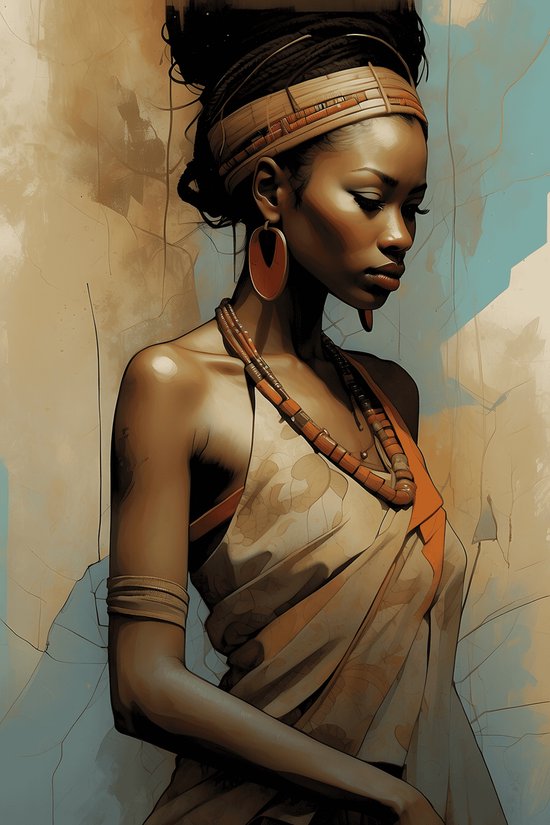 Afrikaanse Prinses Poster | Model Poster | Blauw | African Queen | Afrika Poster | 61x91cm | Aesthetic Poster | Wanddecoratie | Moderne Kunst | Muurposter | MT | Aesthetic room decor | Geschikt om in te lijsten