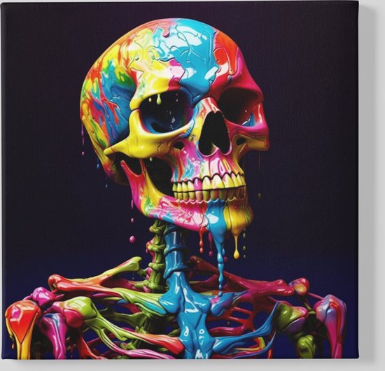 Canvas Schilderij - Skelet - Kleurrijk - Wanddecoratie - 100x100x2 cm
