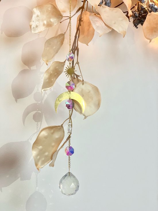 Suncatcher - Maan - Moonlight - Zonnevanger - Hanger - Raam Decoratie - Goud - Kristallen