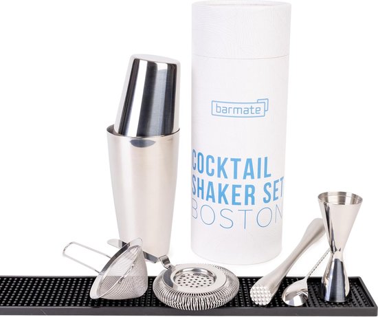 Kidia Boston Shaker Profesional de Acero Inox 304 con Patrón Geométrico Negro – Set 2 Tin 828 ml 424 ml – Estuche de Madera Incluido – Kit Bartender, Bar, Hogar, Regalo Elegante