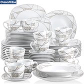 CasaVibe Serviesset – 60 delig – 12 persoons – Keramiek - Luxe – Bordenset – Dinnerborden – Dessertborden - Wit met Print