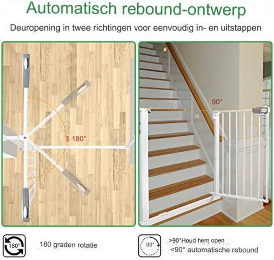 Aufun Traphekje zonder boren, 105-115 cm breed, traphekje voor baby's, deurhekje voor kinderen, auto-close-deurbeschermingsrooster, 180 graden tweeweg-opening, uitbreidbaar met aparte verlenging, wit