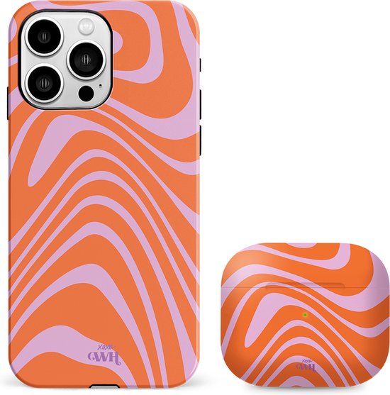 xoxo Wildhearts siliconen hardcase hoesje + Airpods Pro 1/2/Pro 2 hoesje - Geschikt voor iPhone 11 Pro Max en Airpods Pro 1/2 en Pro 2 - Boogie Wonderland Orange - Double Layer telefoonhoesje - Oranje - Roze - Hoesje met print