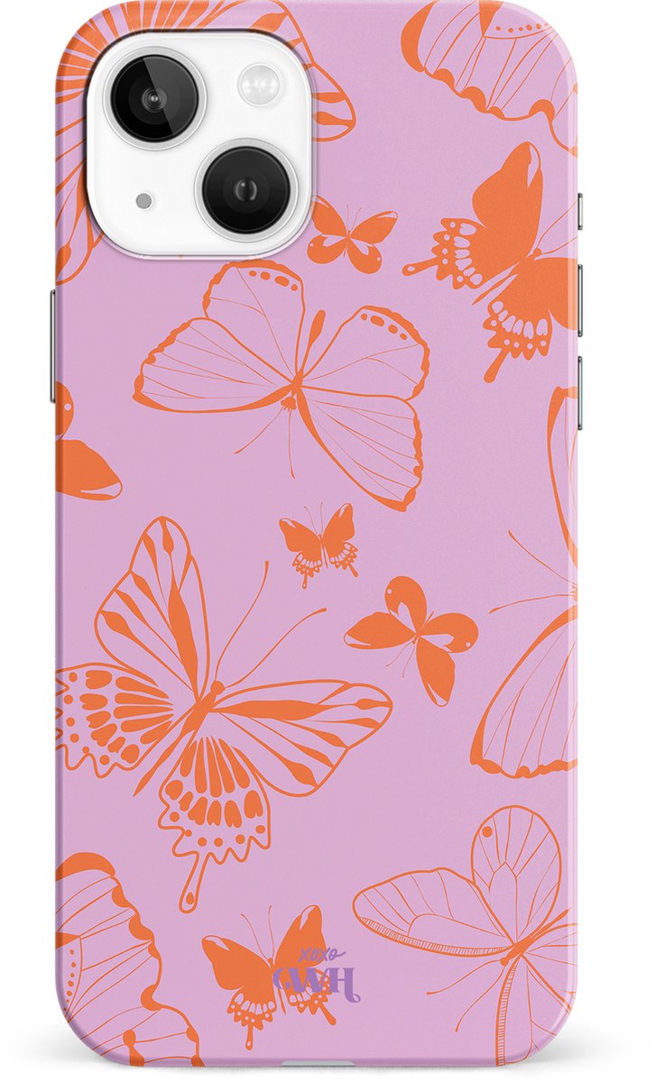 xoxo Wildhearts Give Me Butterflies - Single Layer - Hard hoesje geschikt voor iPhone 14 hoesje - Siliconen hoesje met vlinders - Beschermhoesje geschikt voor iPhone 14 hoesje roze, oranje