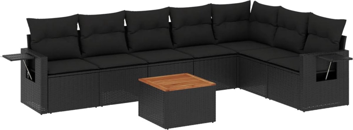 vidaXL 8-delige - Loungeset - met - kussens - poly - rattan - zwart