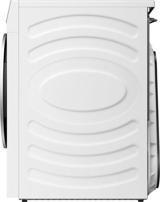 Zijaanzicht van een witte Hisense wasdroger met golvend patroon.
