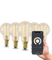 Calex Slimme Lamp - Set van 5 stuks - Wifi LED Filament Verlichting - E14 - Smart Lichtbron Goud - Dimbaar - Warm Wit licht - 4,9W